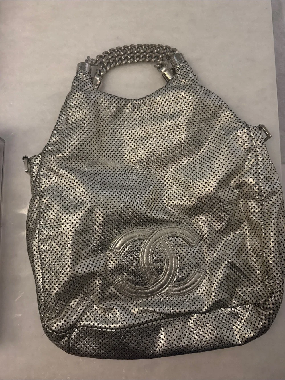 CHANEL Silver Perforated Chain-Handle Shoulder Bag